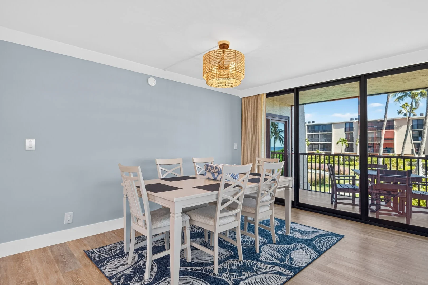 Dining room with coastal decor and resort view