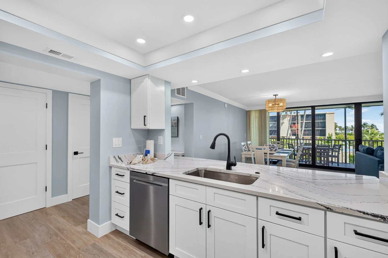Open kitchen with marble countertops